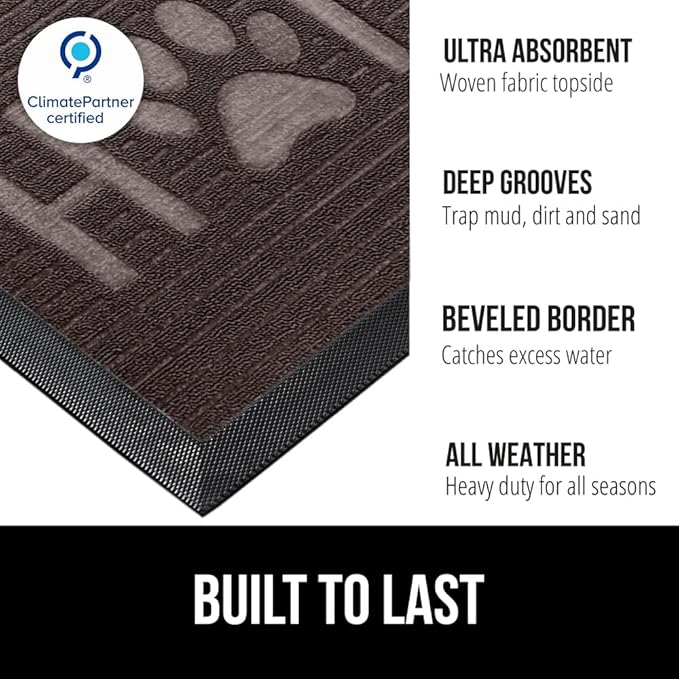 GORILLA GRIP 100% Waterproof All-Season WeatherMAX Doormat, 47x35, US Designed Natural Rubber, Stain and Fade Resistant, Low Profile Indoor Outdoor Door Mats, Easy Clean Patio Mat, Espresso Home Paw