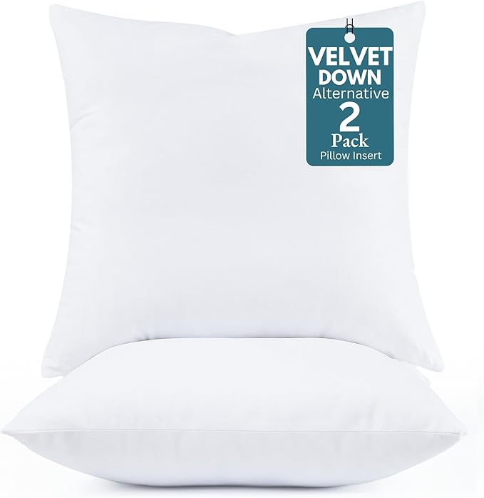 LANE LINEN Synthetic Down Filled Velvet Throw Pillow Inserts Pack of 2 White - 18 x 18 Inches Cushion Inserts for Couch, Bed & Living Room Décor - Indoor Decorative Pillows Made in Canada
