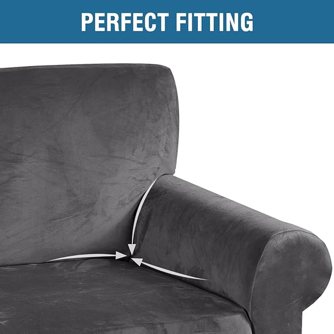 H.VERSAILTEX Stretch Velvet Sofa Covers for 3 Cushion Couch Covers Furniture Protector Soft with Non Slip Elastic Bottom, Crafted from Thick Comfy Rich Velour (Large Sofa 90"-97", Grey)