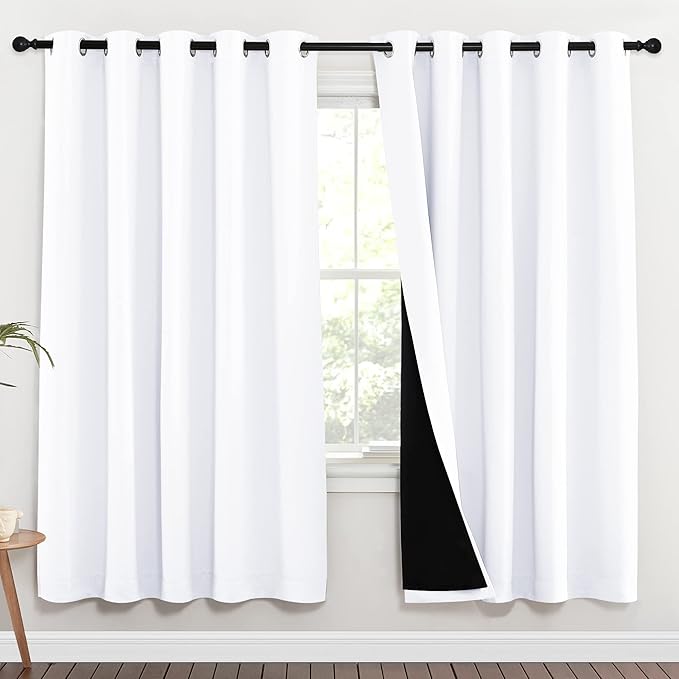 NICETOWN 100% Blackout Window Curtain Panels, Full Light Blocking Drapes with Black Liner for Nursery, 72-inch Drop Thermal Insulated Draperies (White, 2 Pieces, 70-inch Wide Per Panel)