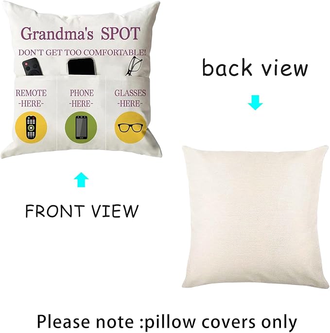 ONFAON Grandma Gifts, Grandma's Spot Throw Pillow Covers 18x18 Inch,Put Phone Glasses and Remote Control Pillowcase,Birthday Christmas Thanksgiving Day Gifts for Grandma Mom,3-Pocket