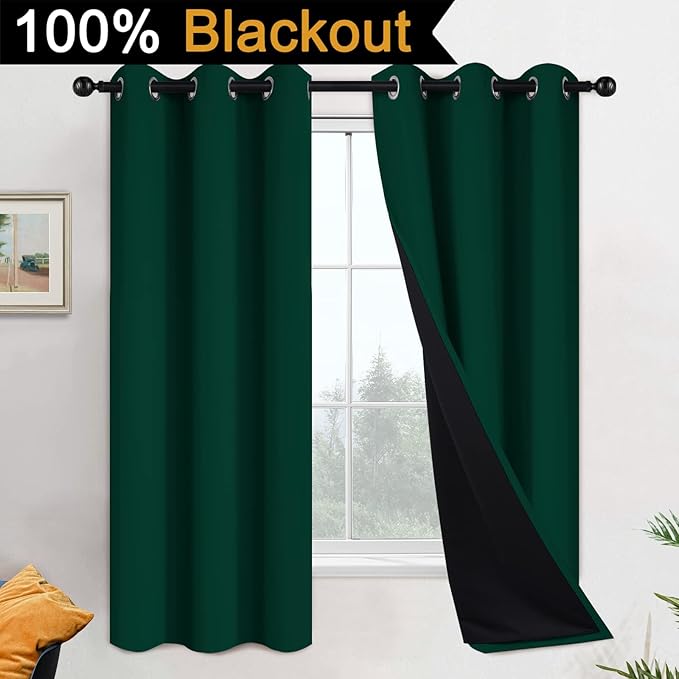 Yakamok 100% Blackout Thermal Insulated Curtains,Room Darkenning Curtains Soundproof Window Treatment Drapes for Living Room(42Wx63L,Dark Green, 2 Panels)