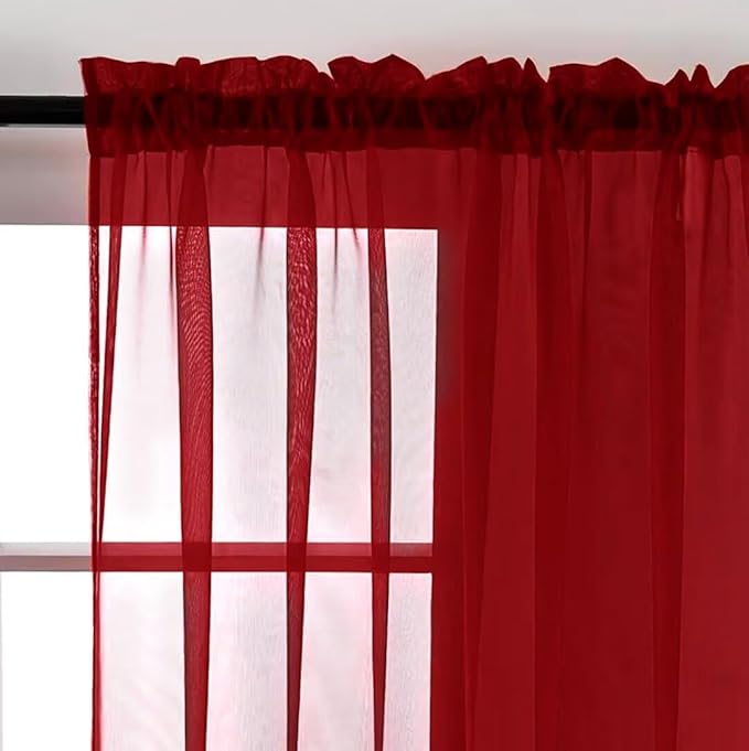 SpaceDresser Basic Rod Pocket Sheer Voile Window Curtain Panels Christmas Red 1 Pair 2 Panels 52 Width 36 Inch Long for Kitchen Bedroom Children Living Room Yard（Christmas Red, 52W x 36L）