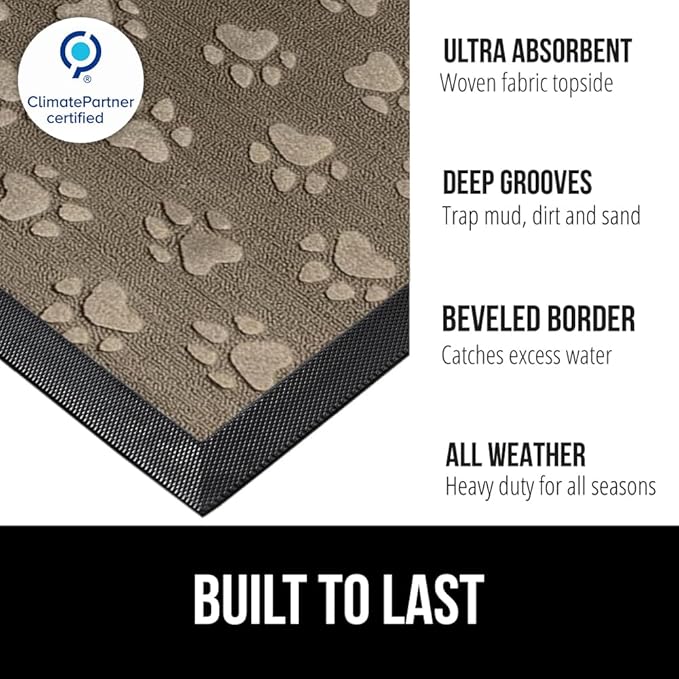 GORILLA GRIP 100% Waterproof All-Season WeatherMAX Doormat, 47x35, US Designed Natural Rubber, Stain and Fade Resistant, Low Profile Indoor Outdoor Door Mats, Easy Clean Patio Mat, Tan Pawprints