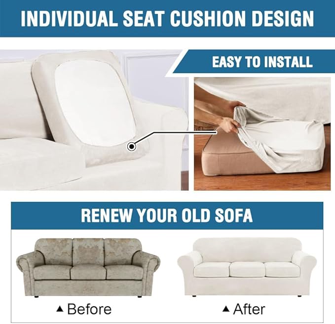 H.VERSAILTEX Modern Velvet Plush 4 Piece High Stretch Sofa Slipcover Furniture Protector Form Fit Velvet Extra Large Sofa Cover for 3 Cushion Couch Width Up to 105 Inch (XL Sofa, Porcelain White)