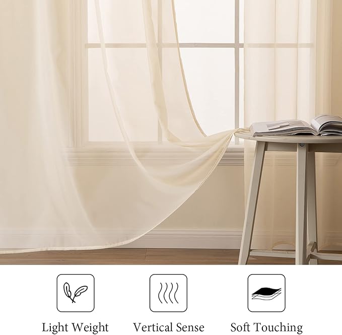 MIULEE 2 Panels Solid Color Sheer Window Curtains Elegant Window Voile Panels/Drapes/Treatment for Bedroom Living Room (54 X 54 Inches Cream Beige)