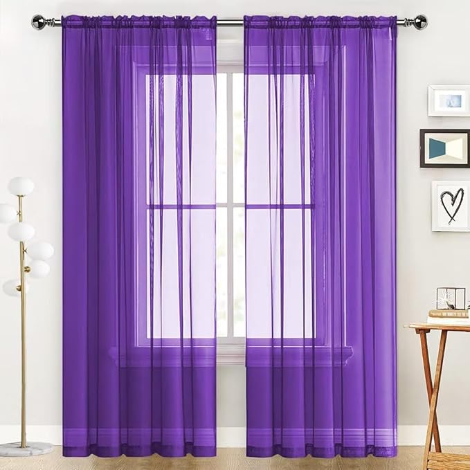 SpaceDresser Sheer Voile Window Treatment Rod Pocket Curtain Panels for Kitchen Bedroom Living Room Drapes Sunlight Filtering Privacy Semi Home Decor Assorted (Purple, 52 W x 90 L)