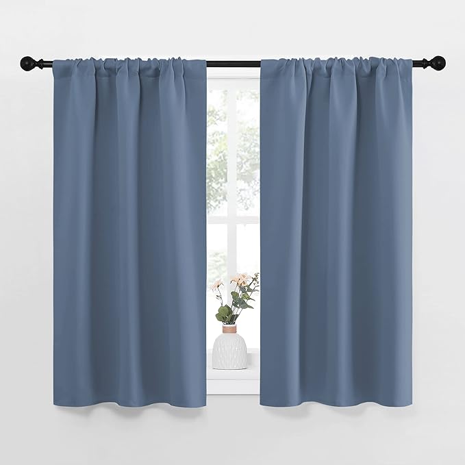 NICETOWN Kitchen Curtains, Short Blackout Curtains & Drapes, Thermal Insulated Blackout Curtain Panels for Kids Room, Play Room (Stone Blue, 34" Wide by 45" Long, 2 PCs)