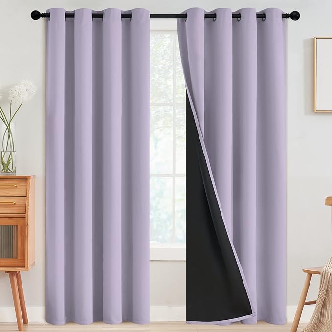 SimpleHome 100% Blackout Curtains for Bedroom,Thermal Insulated Grommet Window Drapes Room Darkening Lilac Curtains for Living Room with Black Back,52 x 96 Inch,2 Panels