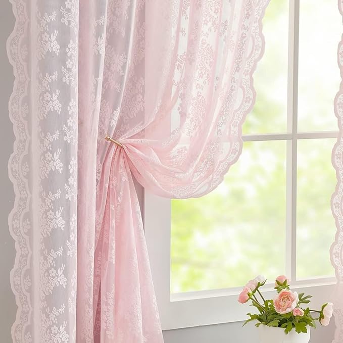 YJ YANJUN Vintage Lace Curtains 90 Inches Long-Victorian Floral Pattern Light Pink Sheer Curtain Panels for Baby Girls Room Feminine Flowy Cute Girly Classroom Princess Decor 2 Panels 52W x 90L