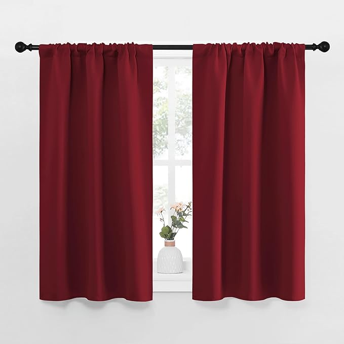 NICETOWN Christmas Burgundy Curtains Blackout Drape Panels - Lights Block Out Window Treatment Short Curtain Sets for Loft and Basement Decoration (Set of 2, 34 by 45-Inch)