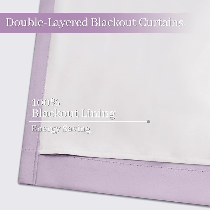 Yakamok Lilac 100% Blackout Curtains 72 Inches Long with 2 Thick Layers-Light Purple Room Darkening Thermal Insulated Window Curtain Set of 2 Panels for Bedroom Living Room 52x72 Inches,Lavender