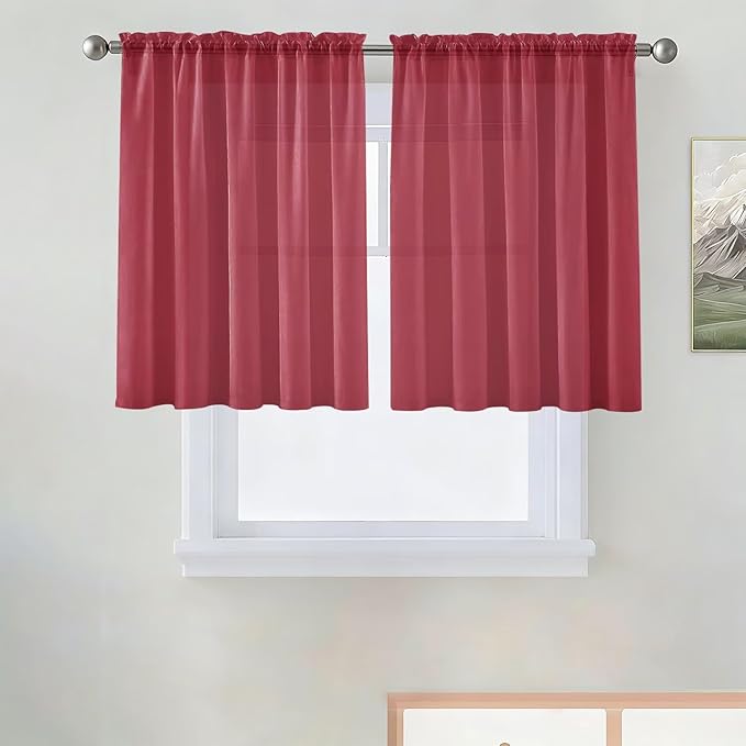SpaceDresser Basic Rod Pocket Sheer Voile Window Curtain Panels Wine Red 1 Pair 2 Panels 52 Width 36 Inch Long for Kitchen Bedroom Children Living Room Yard（Wine Red, 52W x 36L）
