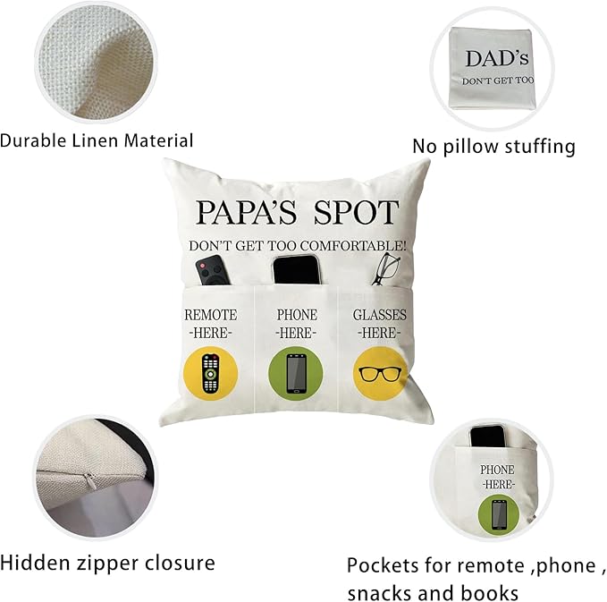 ONFAON Papa Gifts Throw Pillow Case, Papa's Spot Throw Pillow Covers 18 x 18 Inch,Put Phone Glasses and Remote Control Pillowcase,Birthday Christmas Thanksgiving Day Gifts for Papa Stepdad 3-Pocket