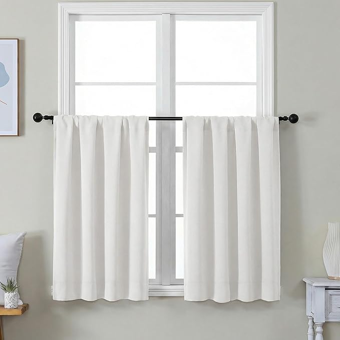 Simplebrand Ava Light Beige Short 36 Inches Light Filtering Curtain 2 Panels Set, Half Window Rod Pocket Privacy Curtain Tiers for Kitchen, Curtains for Bathroom Shades, W40 x L36 Inch, Light Beige