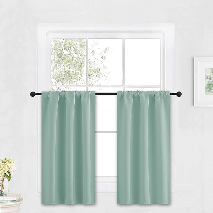 RYB HOME Kitchen Blackout Curtains Over Sink 36 inch Length, Rod Pocket Summer Light UV Blocking Energy Efficient, Cabinet Shelf Cupboard Coverings, Width 29 by Length 36, Aqua, 2 Panels