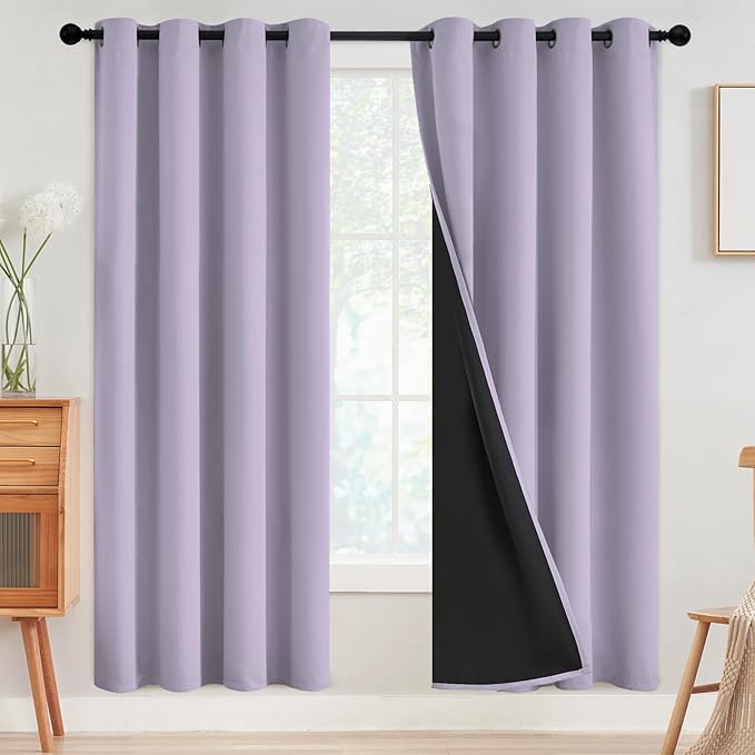SimpleHome 100% Blackout Curtains for Bedroom,Thermal Insulated Lilac Grommet Window Drapes Room Darkening Curtains for Living Room with Black Back,52 x 72 Inch,2 Panels