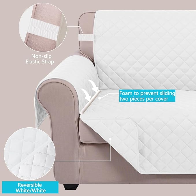 U-NICE HOME Reversible Oversized Chair Covers Quilted Water Repellent Pet Protectors with Elastic Straps(28''Armchair, White/White)