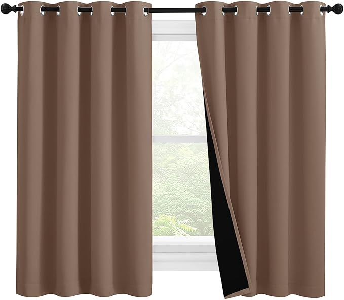 NICETOWN Bedroom Full Blackout Curtain Panels, Super Thick Insulated Window Covers, Keeping Out Cold Air and Heat 100% Blackout Blinds with Black Liner (Cappuccino, Set of 2 PCs, 55 by 57-inch)