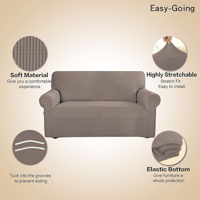 Easy-Going Stretch Loveseat Slipcover 1-Piece Sofa Cover Furniture Protector Couch Soft with Elastic Bottom for Kids Polyester Spandex Jacquard Fabric Small Checks (Loveseat, Taupe)