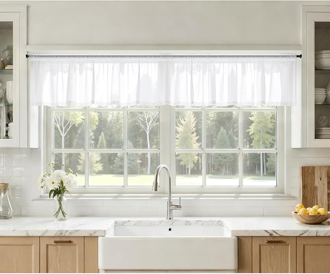 MIULEE White Valance for Windows, 4 Panels Set, Light Filtering Small Short Valance Sheer Curtains for Living Room/Bedroom/Bathroom/Basement, 42W x 14 Inches