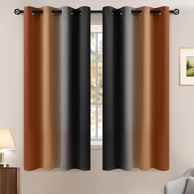 Yakamok Blackout Ombre Burnt Orange and Black Curtains-Gradient Room Darkening Curtain, Grommet Thermal Insulated Light Blocking Window Drapes Curtain for Living Room Bedroom,52 x 63 Inch,2 Panels
