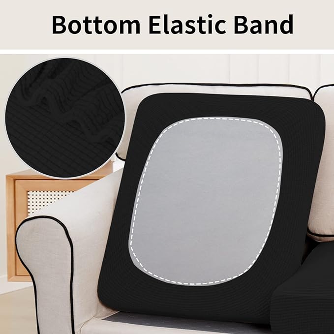 Easy-Going Stretch Individual Chair Couch Cushion Cover Sofa Cushion Furniture Protector Sofa slipcover Soft Flexibility with Elastic Bottom (3-Piece Sofa Cushion Cover, Black)