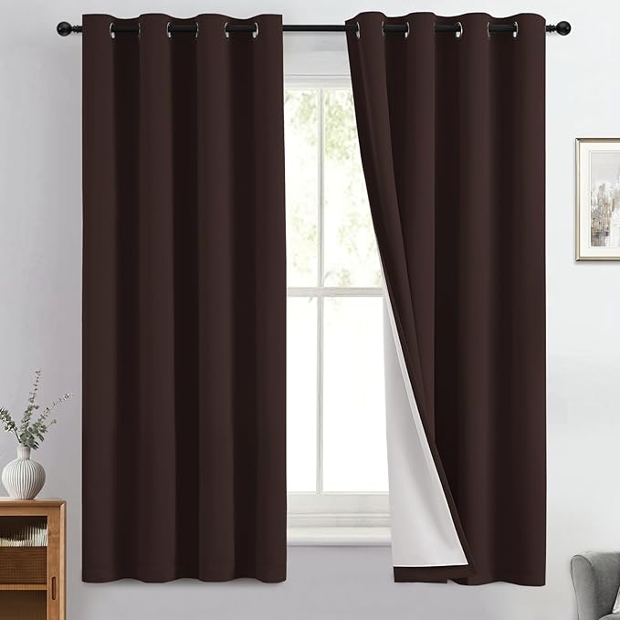 Yakamok 100% Blackout Curtain Panels 63 inches Cold and Light Blocking Drapes for Nursery, 2 Thick Layers Thermal Insulated Draperies (2 Pieces, 50 Wide Each Panel, Brown/White Backing)