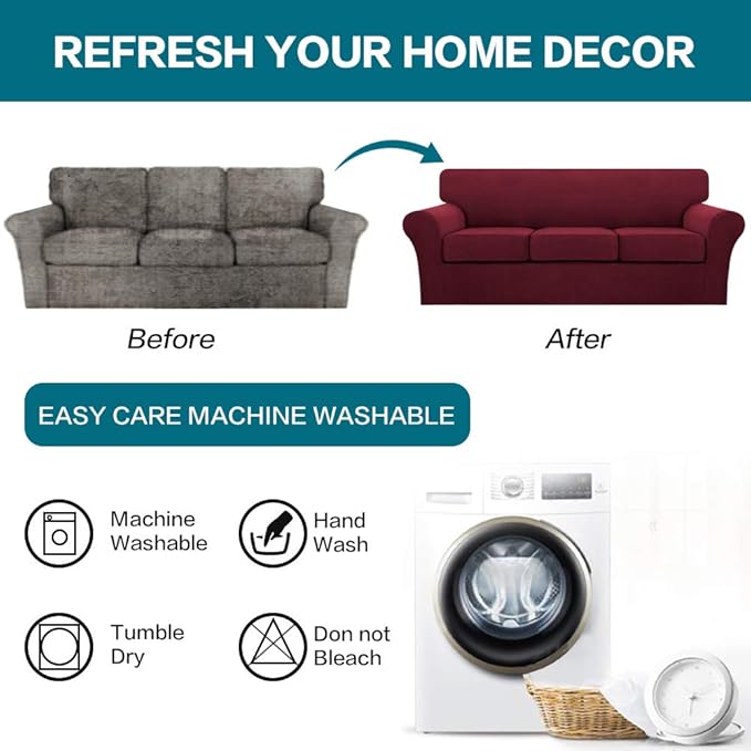 Turquoize 4 Piece Sofa Covers for 3 Cushion Couch Sofa Slipcover Soft Couch Cover for Dogs-Washable Sofa Furniture Covers with 3 Individual Cushion Covers,Jacquard Fabric(3 Cushion Sofa, Burgundy)