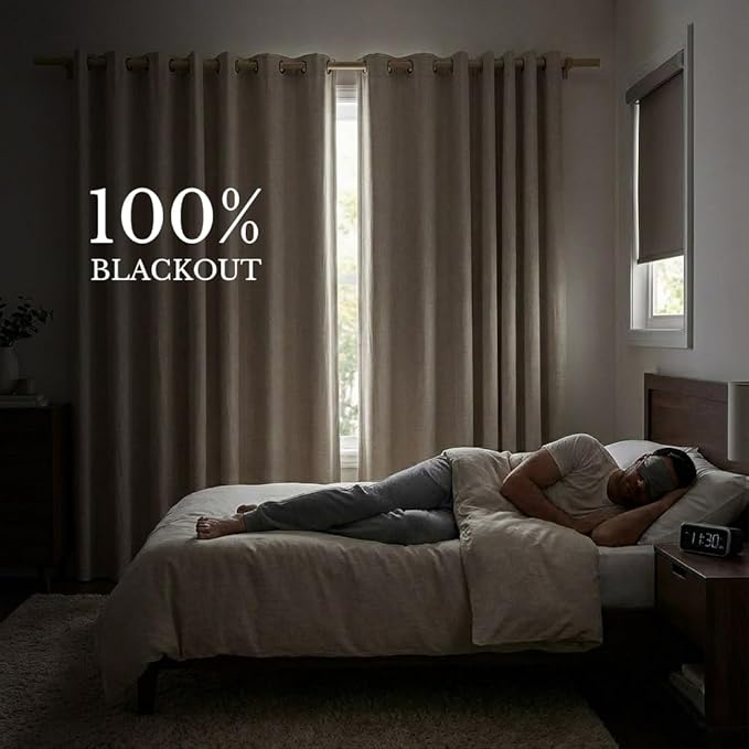 NICETOWN Natural Linen 100% Blackout Curtains 120 inches Length 2 Panels Set with Thermal Insulated Liners, 52" Width, Farmhouse Style Extra Long Window Draperies for Patio Sliding Glass Door