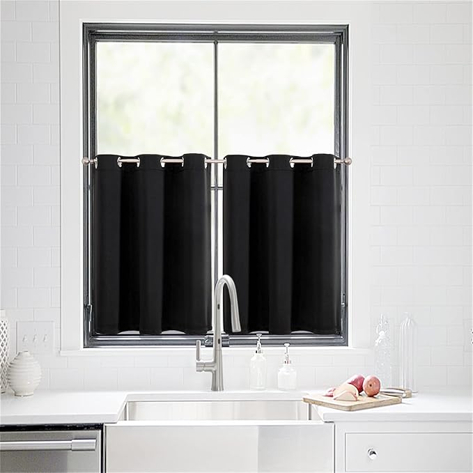 ChrisDowa Small Window Curtains for Kitchen and Bedroom - Grommet Short Thermal Insulated Room Darkening Curtains (2 Panels, Black, 36 x 24 Inch)