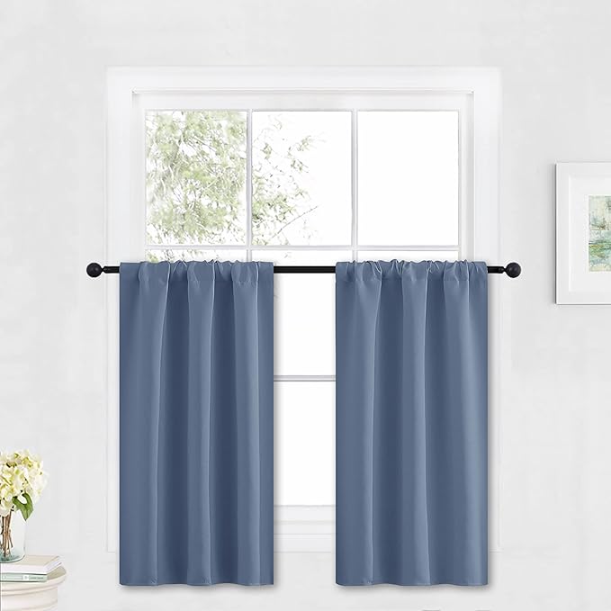 RYB HOME Blackout Cafe Curtains 30 inch Length, Short Light UV Heat Blocking Energy Saving Privacy Curtain Tiers for Basement Bathroom Kitchen Window, Width 29 by Length 30, Stone Blue, 2 Panels