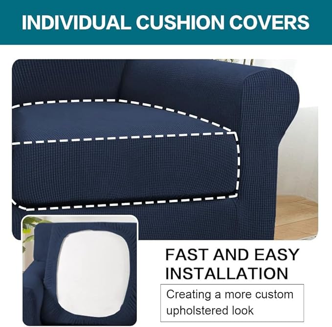 Turquoize 2 Piece Chair Covers Chair Slipcovers for Living Room Armchair Couch Cover Chair Sofa Cover with Individual Cushion Covers Furniture Cover for Chairs Feature Jacquard Fabric (Chair, Navy)