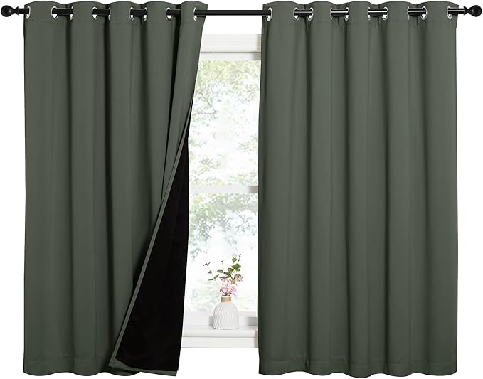 NICETOWN Dark Mallard 100% Blackout Lined Curtains, 2 Thick Layers Completely Blackout Window Treatment Thermal Insulated Drapes for Kitchen/Bedroom (1 Pair, 62" Width x 63" Length Each Panel)