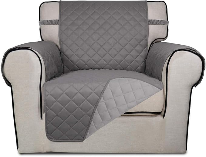 PureFit Reversible Quilted Sofa Cover, Water Resistant Slipcover Furniture Protector, Washable Couch Cover with Non Slip Foam and Elastic Straps for Kids, Dogs, Pets (Chair, Gray/Light Gray) Small