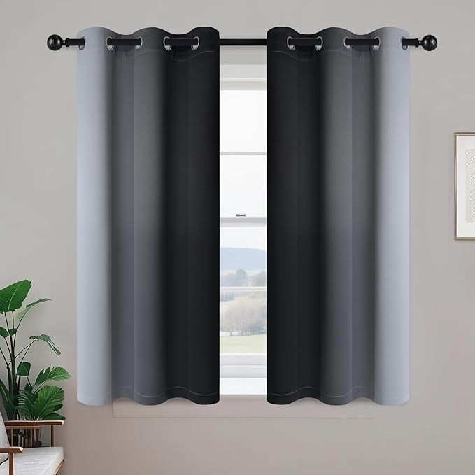 Yakamok Room Darkening Ombre Curtains 45 Inch Length, Black and Greyish White Thermal Insulated Gradient Color Curtains,Light Blocking Grommet Window Drapes for Bedroom,42 Inch Width,2 Panels