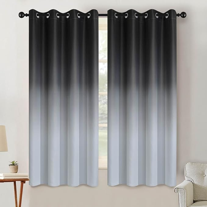 SimpleHome Ombre Room Darkening Curtains for Living Room, Light Blocking Gradient Black to Grey White Thick Thermal Insulated Grommet Window Curtains/Drapes for Bedroom, 2 Panels, 52x63 inches Length