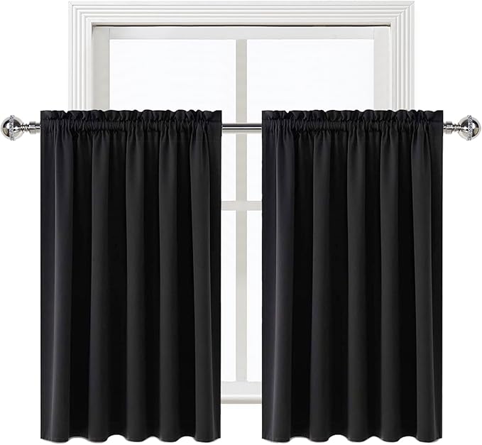 DWCN Short Black Blackout Curtains for Half Window - Room Darkening Thermal Insulated Kitchen and Bedroom Curtains 60x36 inches Long, Set of 2 Window Curtain Panels