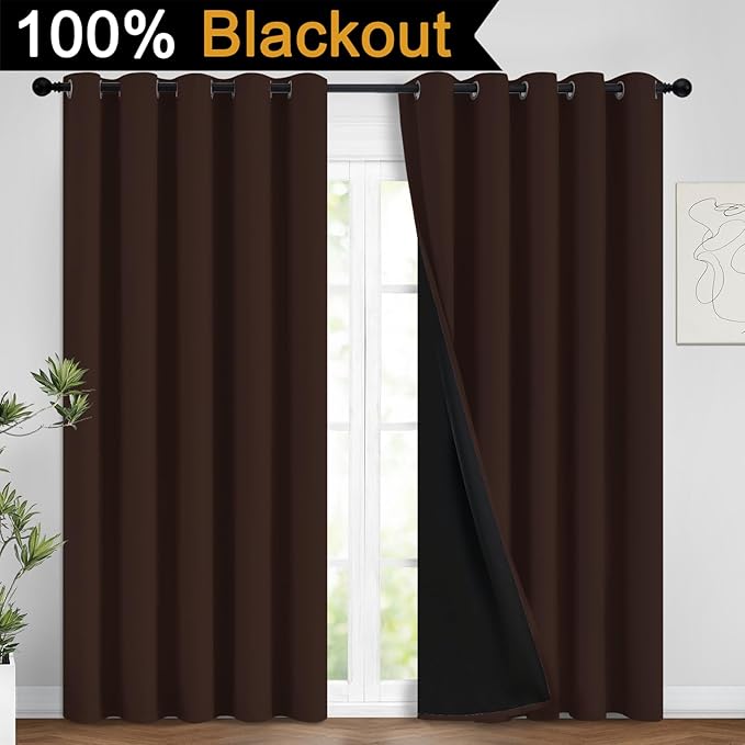Yakamok 100% Blackout Curtains for Bedroom, 2 Thick Layers Thermal Insulated Grommet Total Blackout Drapes with Black Liner for Living Room (62Wx96L,Chocolate Brown, 2 Panels)