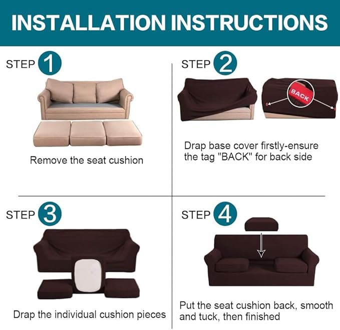 Turquoize 4 Piece Sofa Covers for 3 Cushion Couch Sofa Slipcover Soft Couch Cover for Dogs-Washable Sofa Furniture Covers with 3 Individual Large Cushion Covers Jacquard Fabric (XL Sofa, Brown)