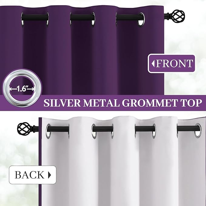 Yakamok Room Darkening 100% Blackout Curtains Grommet Window Treatments with 2 Thick Layers-Purple Thermal Insulated Drapes Set of 2 Panels for Bedroom Living Room 38 Inches by 63 Inches Length