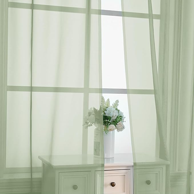 OVZME Light Green Sheer Curtains 96 Inches Long 2 Panels - Soft Light Filtering Window Sheer Panels for Living Room/Bedroom, Top Dual Rod Pocket, 1 Pair, Each 42Wx96L Inches