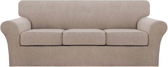 Turquoize 4 Piece Sofa Covers for 3 Cushion Couch Sofa Slipcover Soft Couch Cover for Dogs Washable Furniture Cover with 3 Individual Large Cushion Covers Feature Fabric (Large Sofa, Sand)