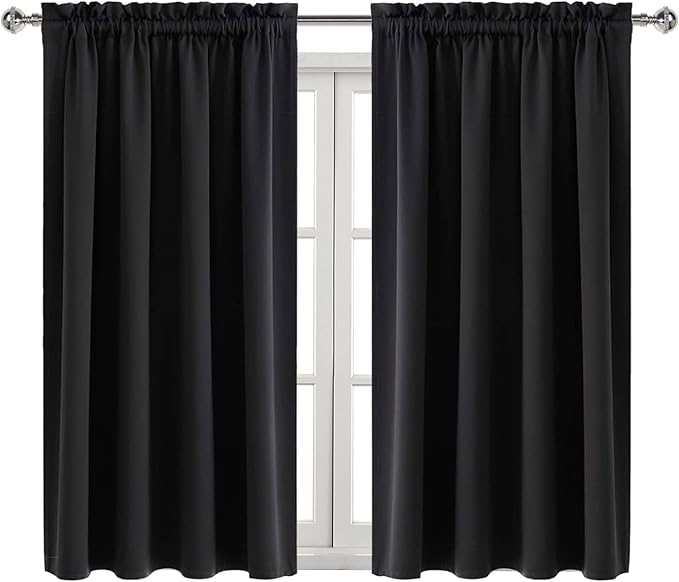 DWCN Blackout Curtains Room Darkening Thermal Insulated Bedroom Curtains Window Curtain Panels, 52 x 45 inches Long, Set of 2 Black Rod Pocket Drapes