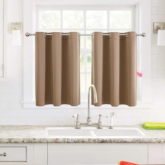 ChrisDowa Small Window Curtains for Kitchen and Bedroom - Grommet Short Thermal Insulated Room Darkening Curtains (2 Panels, Cappuccino, 34 x 36 Inch)