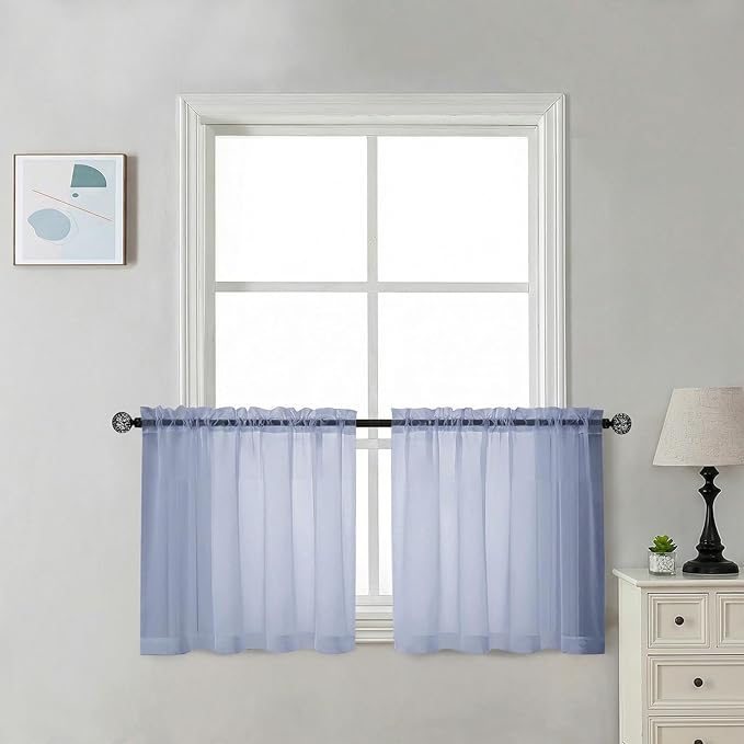 Chyhomenyc Sheer Tier Curtains 24 Inch Length - Small Window Kitchen Curtains for Bathroom Living Room Basement, Farmhouse Short Voile Curtain 42Wx24L, Rod Pocket, 2 PCS, Denim Blue