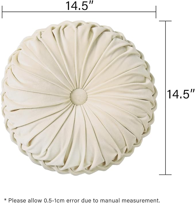 HIG Set of 2 Decorative Round Pleated Throw Pillows,Classy Accent Pumpkin Throw Pillows with Center Button,Vintage Velvet Floor Pillows for Sofa Vanity Chair Bed, Beige,14.5" Diameter(Ripple)