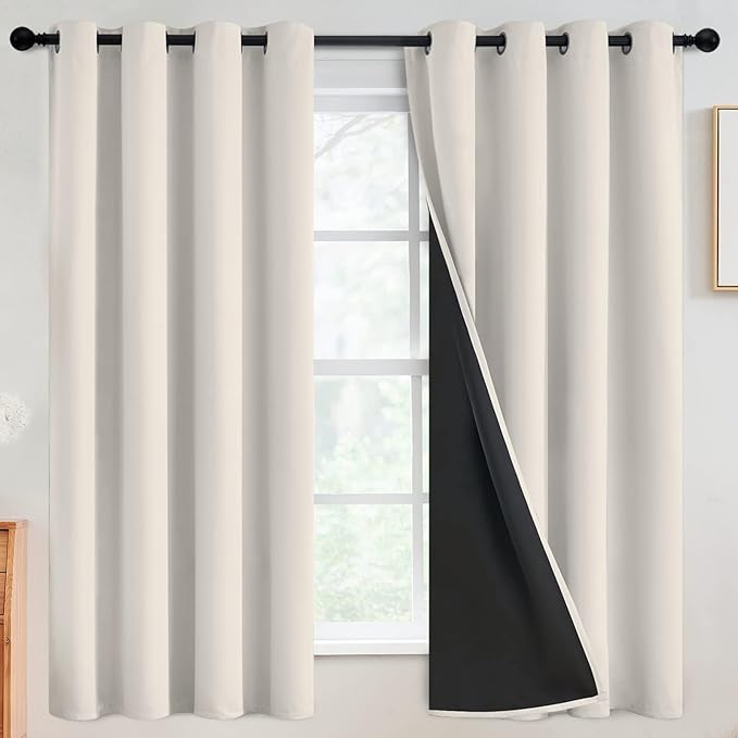 SimpleHome 100% Blackout Curtains for Bedroom,Thermal Insulated Grommet Window Drapes Room Darkening Cream Curtains for Living Room with Black Back,52 x 63 Inch,2 Panels