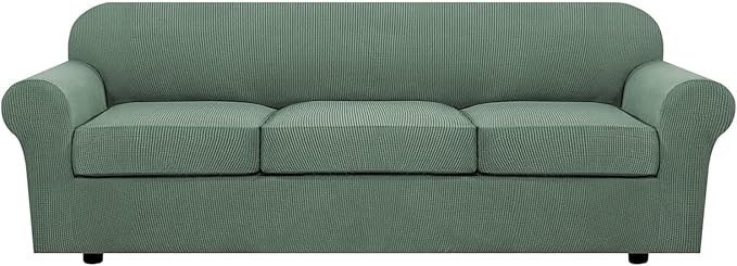 H.VERSAILTEX 4 Piece Stretch Sofa Covers for 3 Cushion Couch Covers for Living Room Furniture Slipcovers (Base Cover Plus 3 Seat Cushion Covers) Thicker Jacquard Fabric (Large Sofa, Loden Frost)