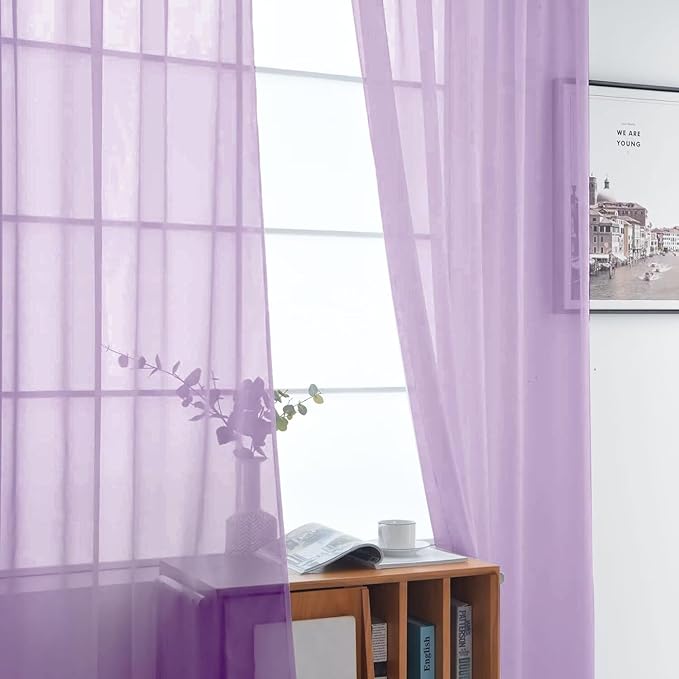 SpaceDresser Sheer Voile Window Treatment Rod Pocket Curtain Panels for Kitchen Bedroom Living Room Drapes Sunlight Filtering Privacy Semi Home Decor Assorted (Lavender, 52 W x 54 L)